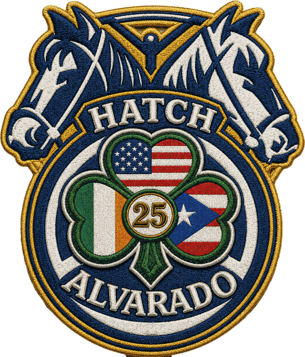 Hatch–Alvarado Teamsters Local 25 emblem — the Teamster horse-heads and wheel crest around a shamrock bearing the American, Irish, and Puerto Rican flags and a gold 25